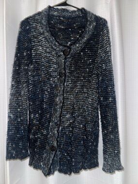 Women's Navy Speckled Button-Front Knit Sweater grandma core bcbg maxazria